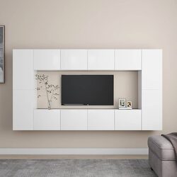 White Wall-Mounted TV Cabinet Set 8 Piece Storage Unit Living Room Furniture