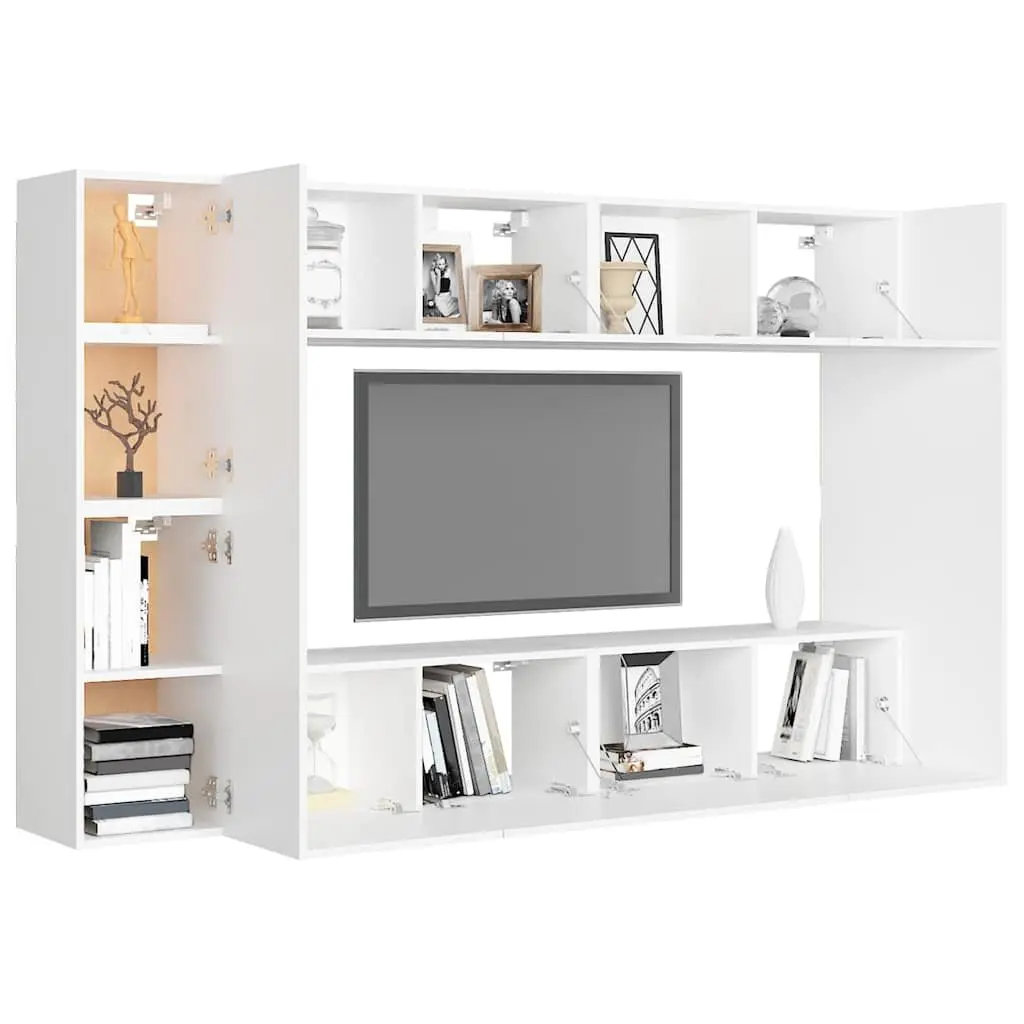 TV Cabinet Set White Wall-Mounted 8 Piece Engineered Wood Storage Unit