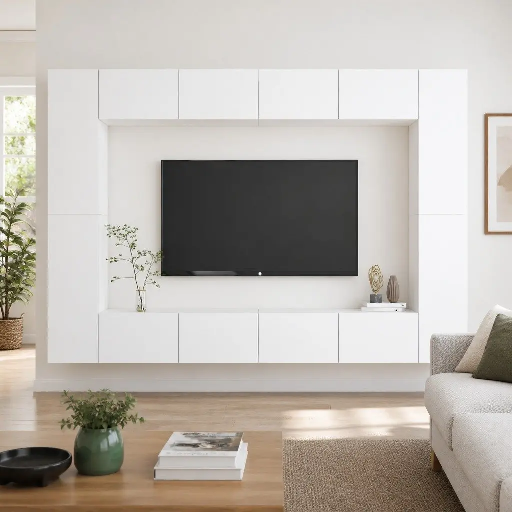 Wall-Mounted TV Cabinet Set White 8 Piece Engineered Wood Storage Unit Floating Shelves