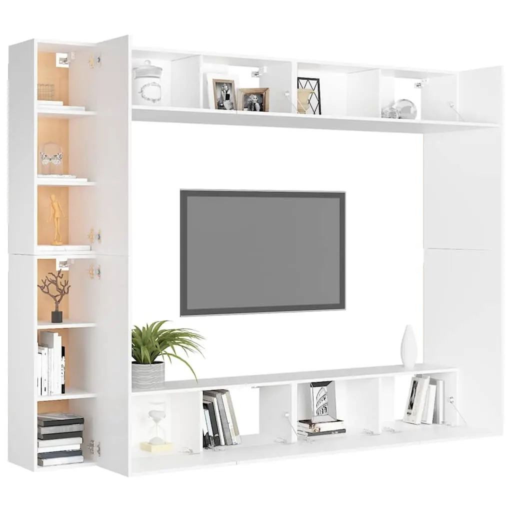 Wall-Mounted TV Cabinet Set White 8 Piece Engineered Wood Storage Unit Floating Shelves