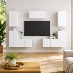 7 Piece White Wall Mounted TV Cabinet Set for Living Room