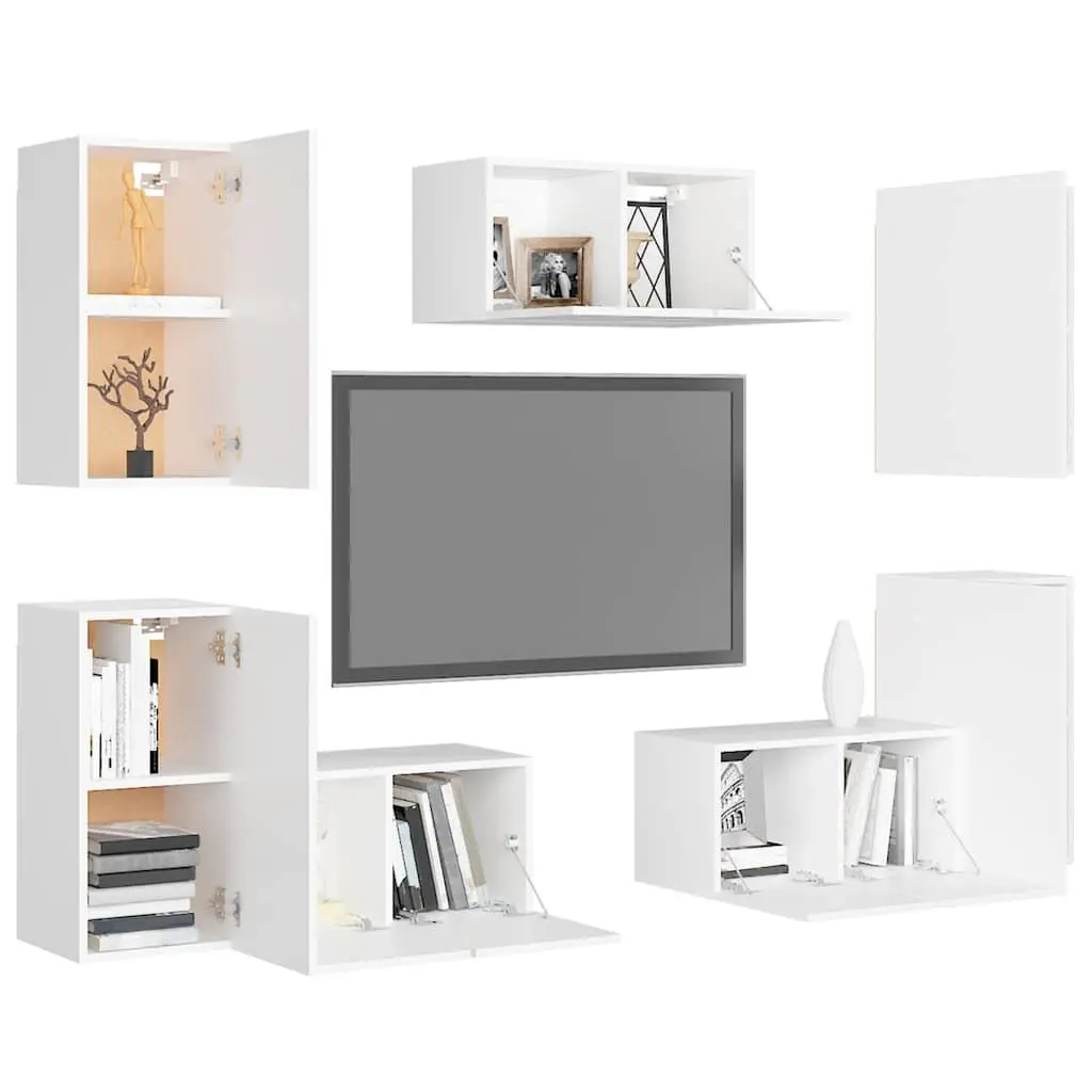 7 Piece TV Cabinet Set White Wall Mounted Storage Unit Engineered Wood