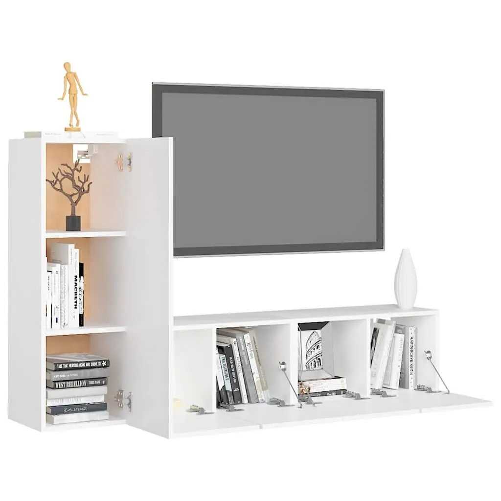 3 Piece Wall Mounted TV Cabinet Set White Engineered Wood Storage Unit Shelves