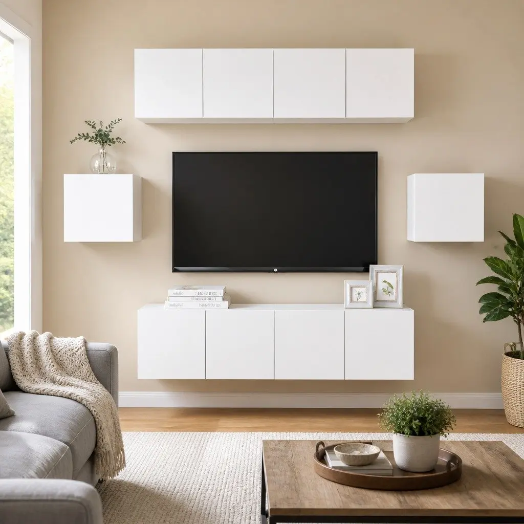 Wall-Mounted TV Cabinet Set with 6 Pieces in White