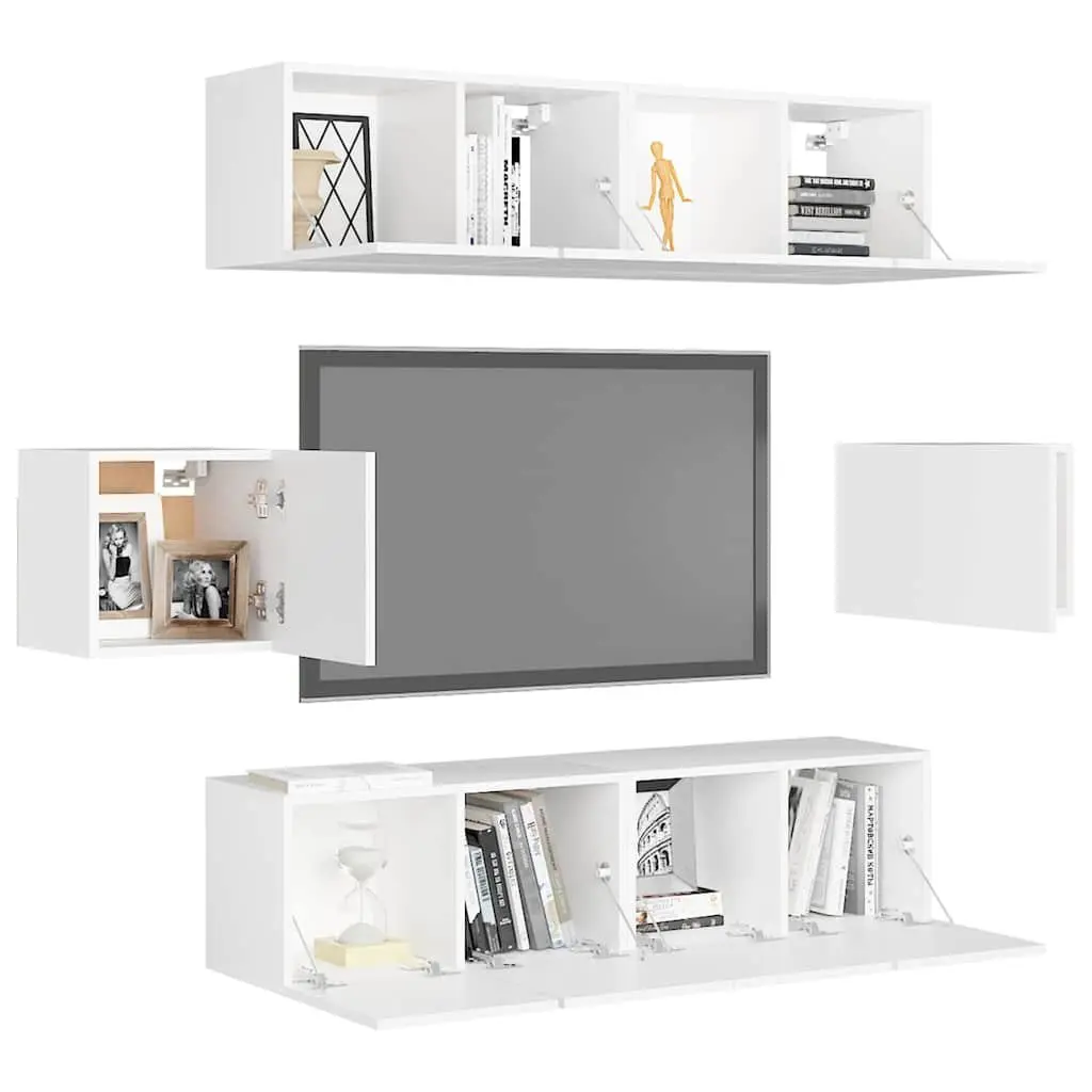 Wall-Mounted TV Cabinet Set with 6 Pieces in White