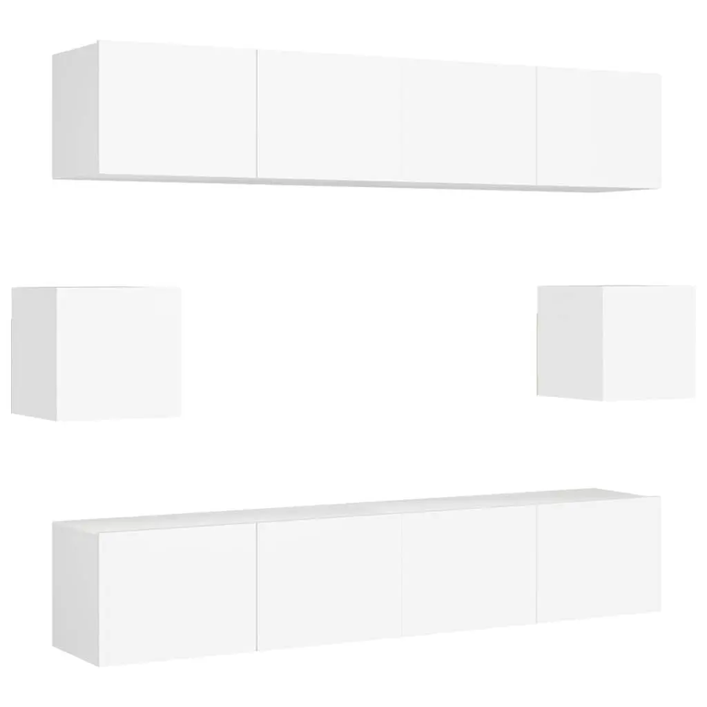 TV Cabinet Set Wall Mounted Storage Shelving Unit 6 Piece White Engineered Wood