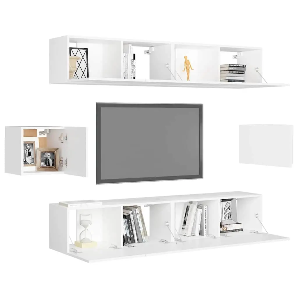 TV Cabinet Set Wall Mounted Storage Shelving Unit 6 Piece White Engineered Wood