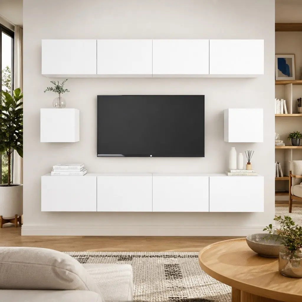 6 Piece Wall Mounted TV Cabinet Set White Engineered Wood Storage Organizer