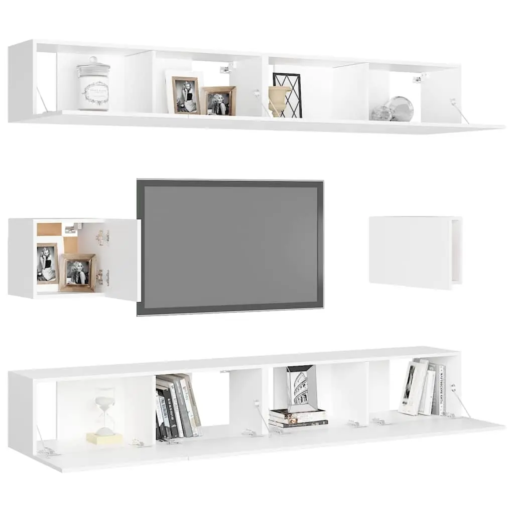 6 Piece Wall Mounted TV Cabinet Set White Engineered Wood Storage Organizer