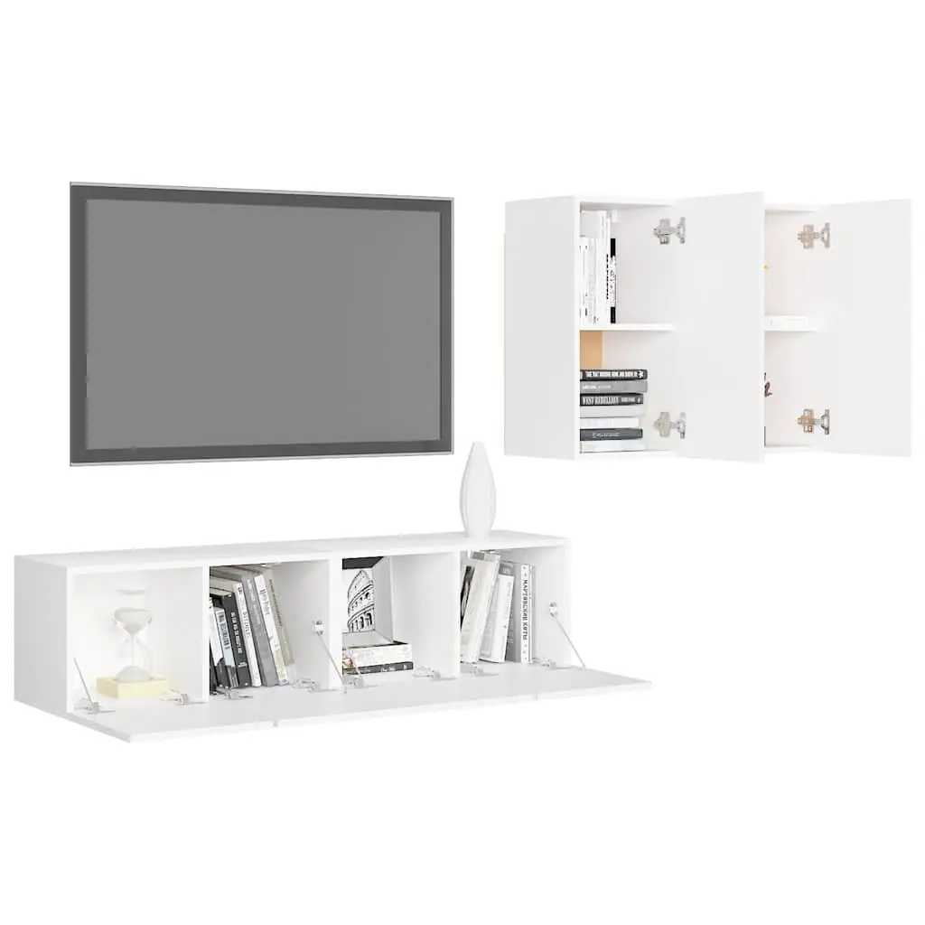 Wall Mounted TV Cabinet Set 4 Piece White Storage Unit Display Organiser Shelves