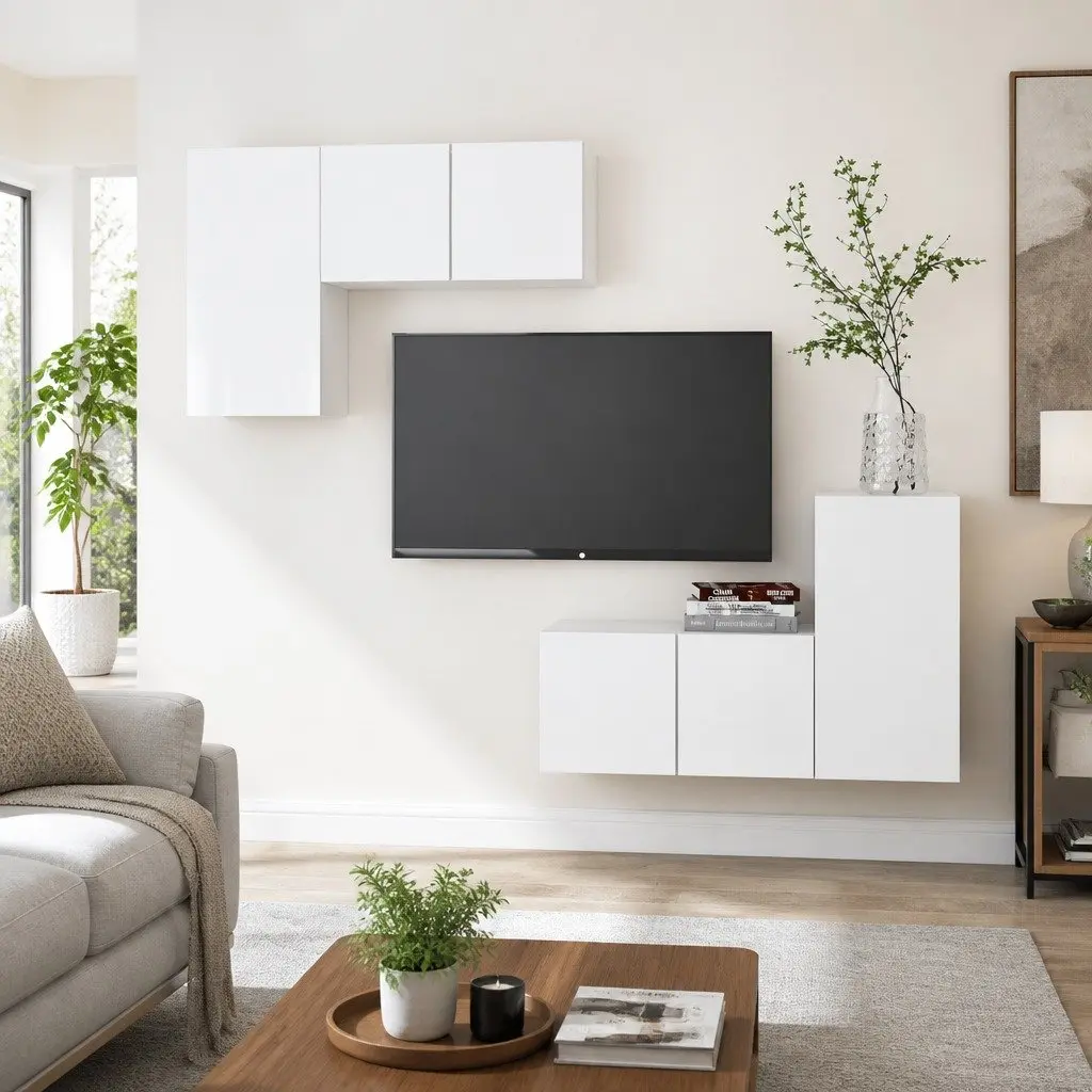 4 Piece White Wall Mounted TV Cabinet Storage Unit