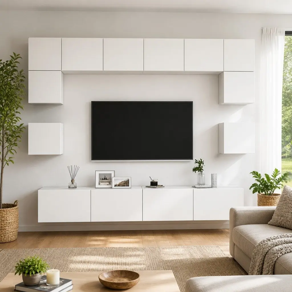 Wall Mounted TV Cabinet Set White 8 Piece Engineered Wood Storage Entertainment Unit