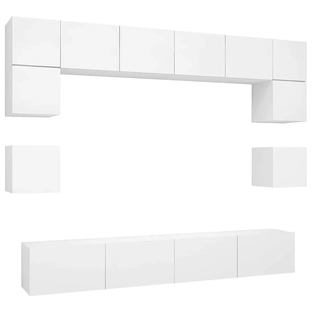 Wall Mounted TV Cabinet Set White 8 Piece Engineered Wood Storage Entertainment Unit