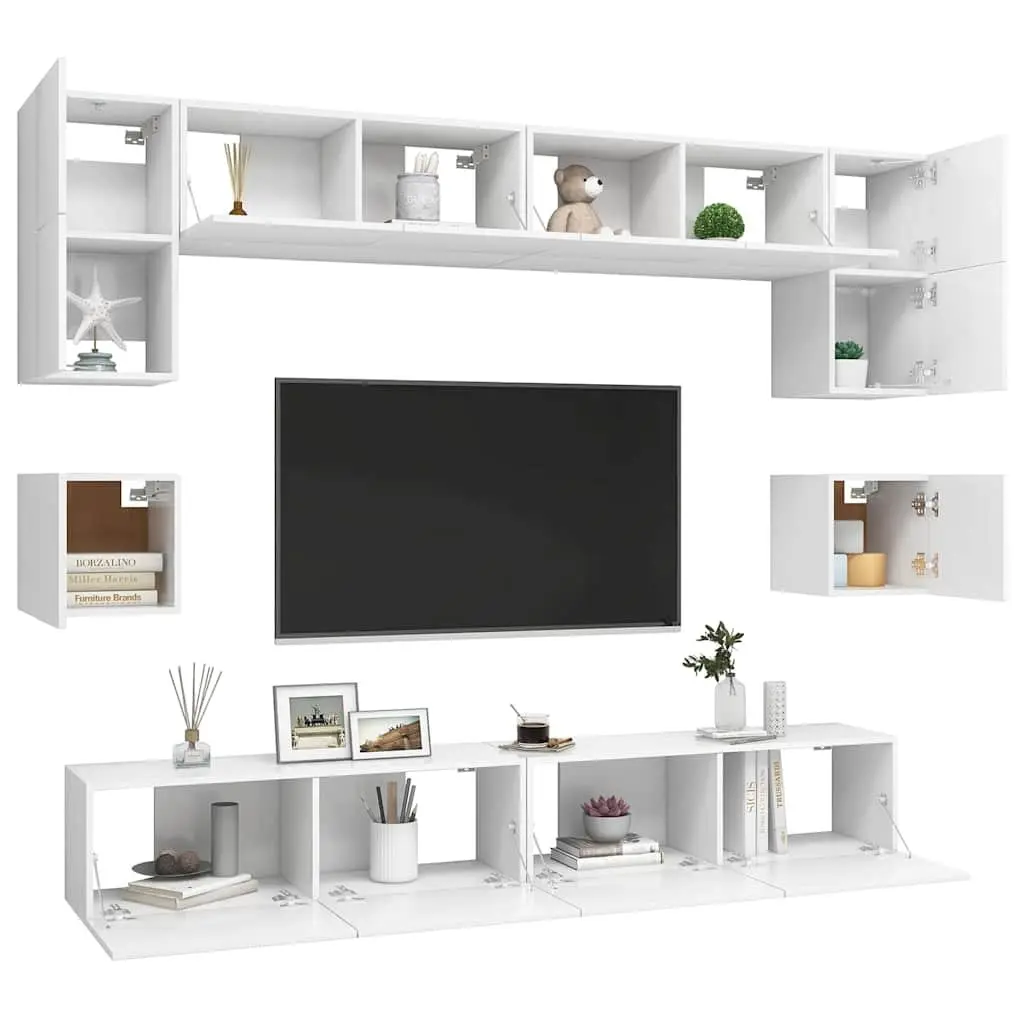Wall Mounted TV Cabinet Set White 8 Piece Engineered Wood Storage Entertainment Unit