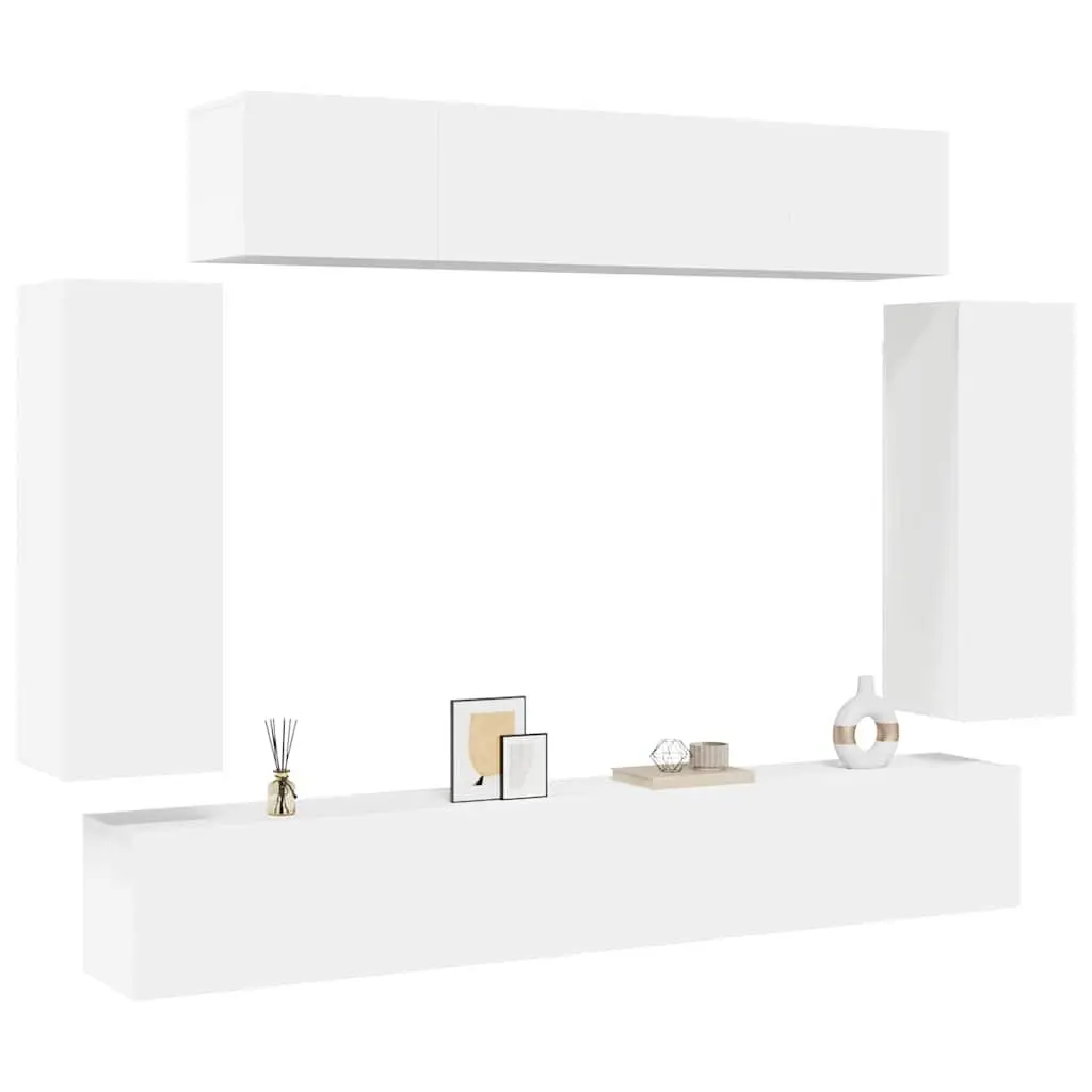Wall-Mounted TV Cabinet Set White 6 Piece Engineered Wood Storage Unit