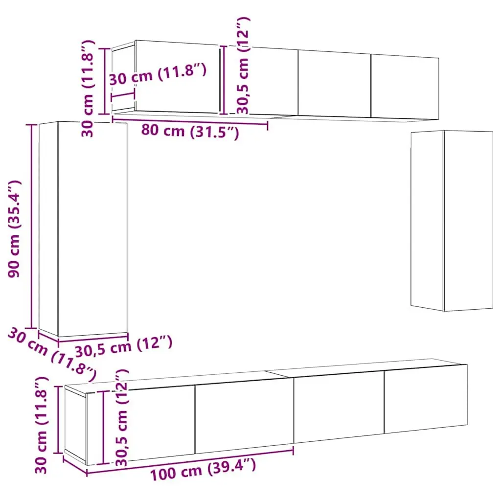 Wall-Mounted TV Cabinet Set White 6 Piece Engineered Wood Storage Unit