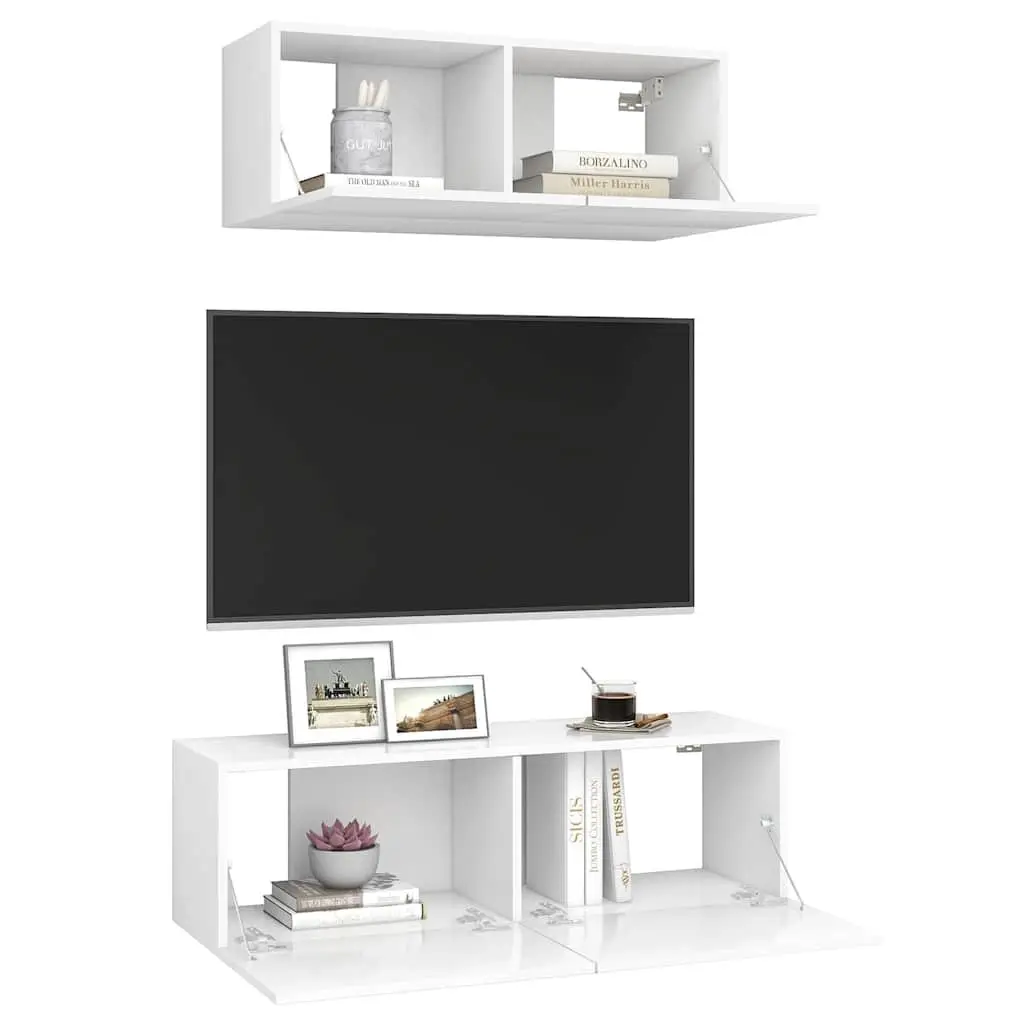 Wall-Mounted TV Cabinet White 2 Piece Set Engineered Wood Storage Media Unit Living Room