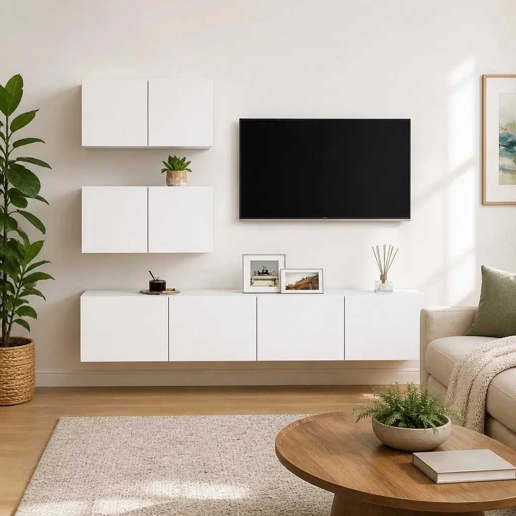 TV Cabinet Set White Wall Mounted Storage Unit Modern Living Room Furniture