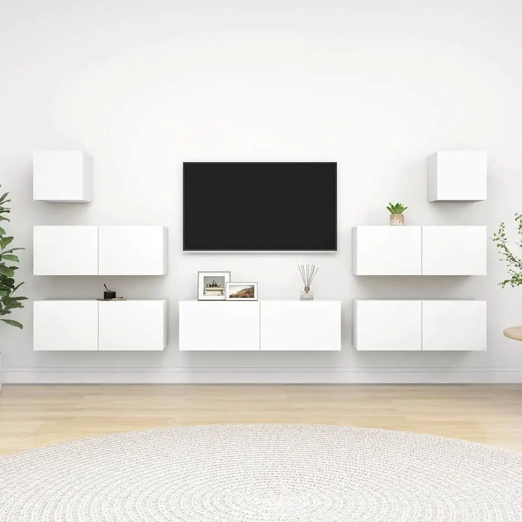 7 Piece TV Cabinet Set White Wall Mounted Engineered Wood Storage Compartments