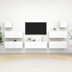 7 Piece TV Cabinet Set White Wall Mounted Storage Compartments Living Room Unit