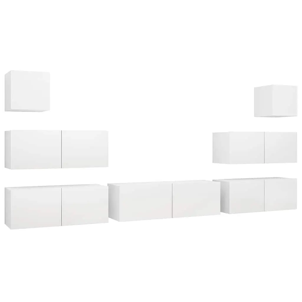 7 Piece TV Cabinet Set White Wall Mounted Engineered Wood Storage Compartments