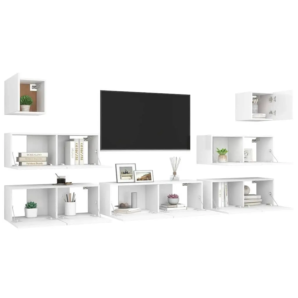 7 Piece TV Cabinet Set White Wall Mounted Engineered Wood Storage Compartments