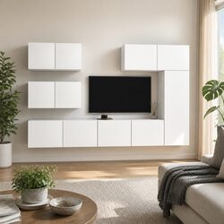 6 Piece White Wall Mounted TV Cabinet Set for Living Rooms