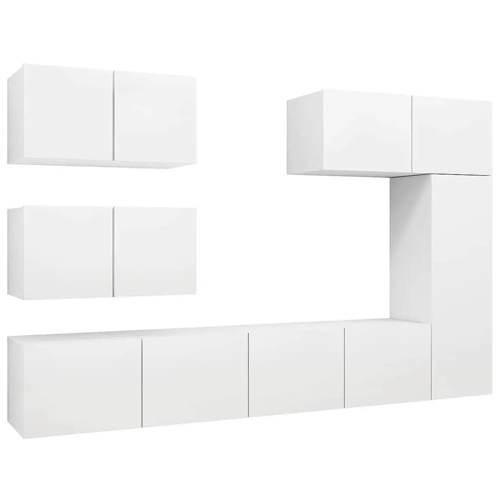 6 Piece TV Cabinet Set Modern White Engineered Wood Wall Mounted Storage Unit