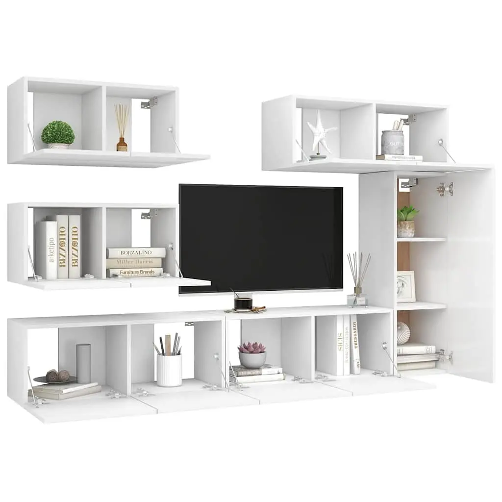 6 Piece TV Cabinet Set Modern White Engineered Wood Wall Mounted Storage Unit