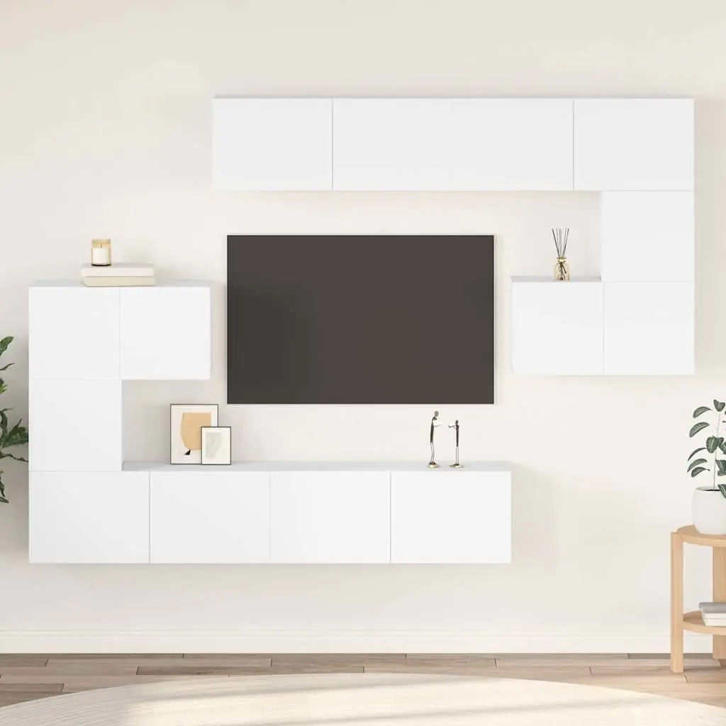 TV Cabinet Set Wall Mounted White 8 Piece Engineered Wood