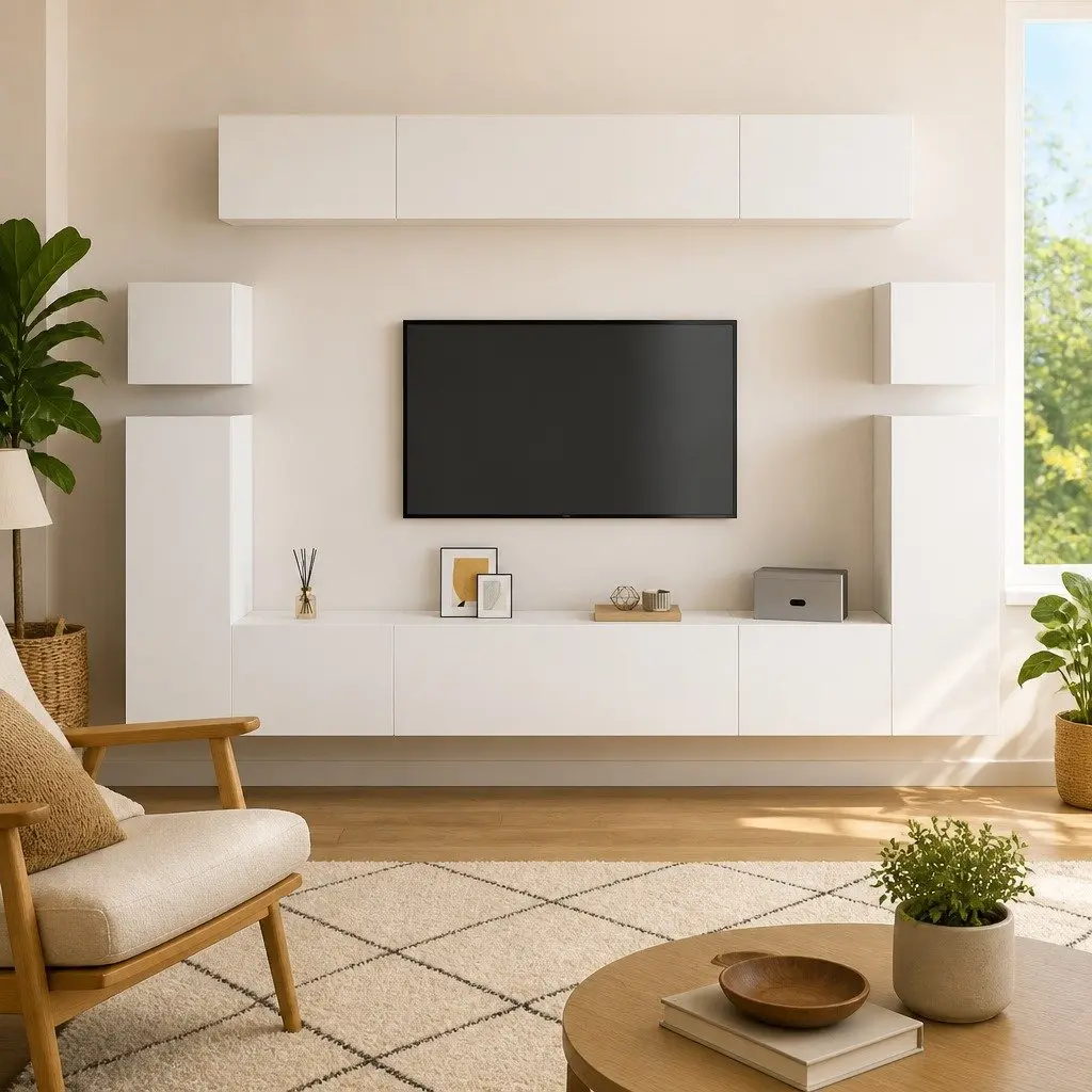 TV Cabinet Set White Modern Wall Mounted 8 Piece Engineered Wood Storage Shelving Unit