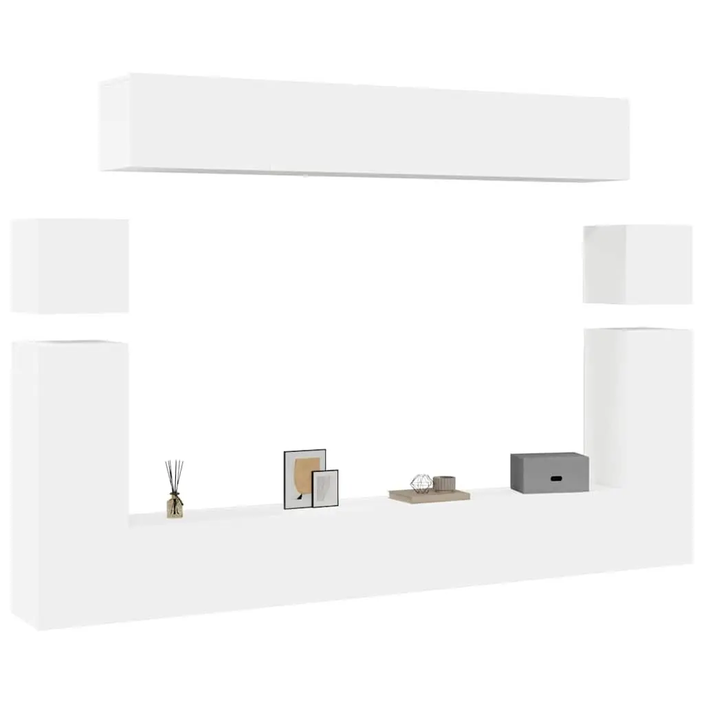 TV Cabinet Set White Modern Wall Mounted 8 Piece Engineered Wood Storage Shelving Unit