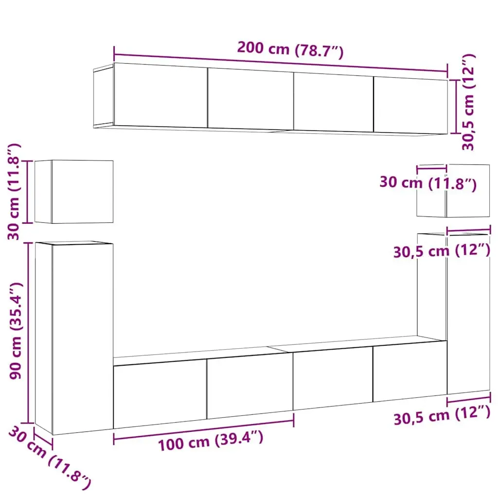 TV Cabinet Set White Modern Wall Mounted 8 Piece Engineered Wood Storage Shelving Unit