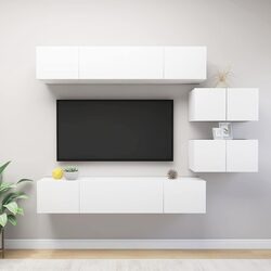 TV Cabinet Set 6 Piece White Wall Mounted Storage Unit Living Room Furniture
