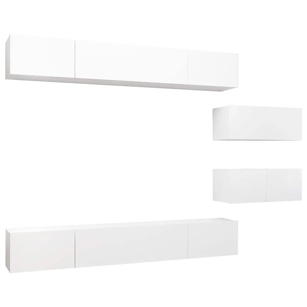 TV Cabinet Set Modern Style 6 Piece White Engineered Wood Wall Mounted Storage Living Room Furniture