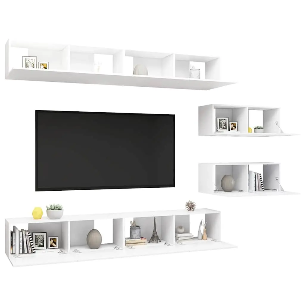 TV Cabinet Set Modern Style 6 Piece White Engineered Wood Wall Mounted Storage Living Room Furniture