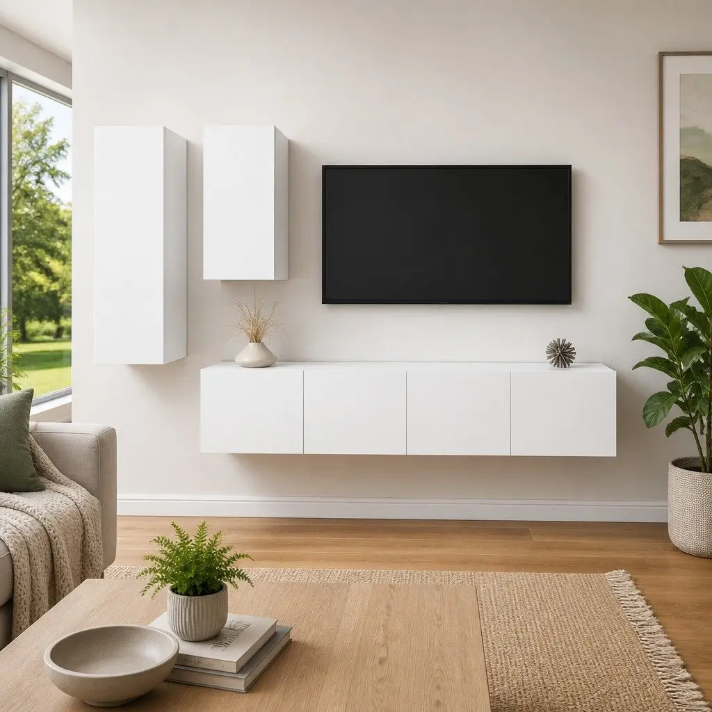 4 Piece TV Cabinet Set Modern White Wall Mounted Engineered Wood