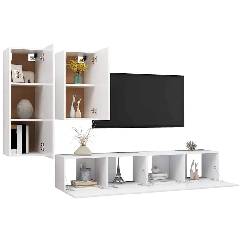4 Piece TV Cabinet Set Modern White Wall Mounted Engineered Wood