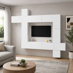 9 Piece White Wall-Mounted TV Cabinet Set