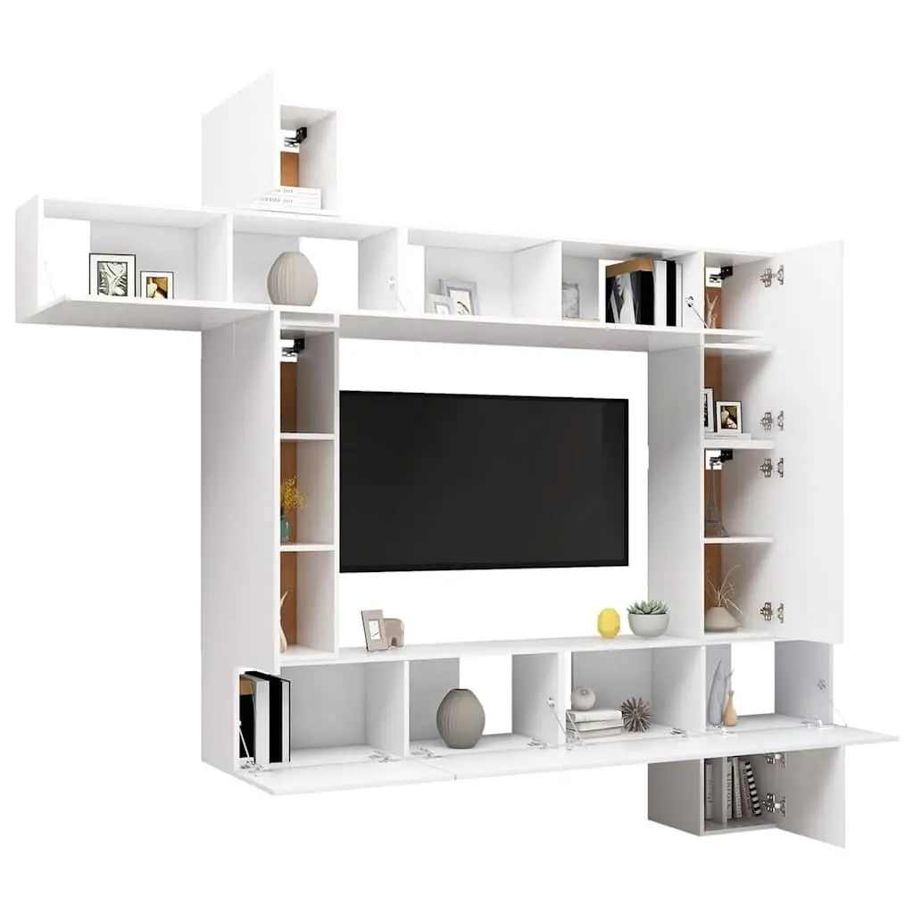 9 Piece TV Cabinet Set White Wall Mounted Engineered Wood Storage Unit