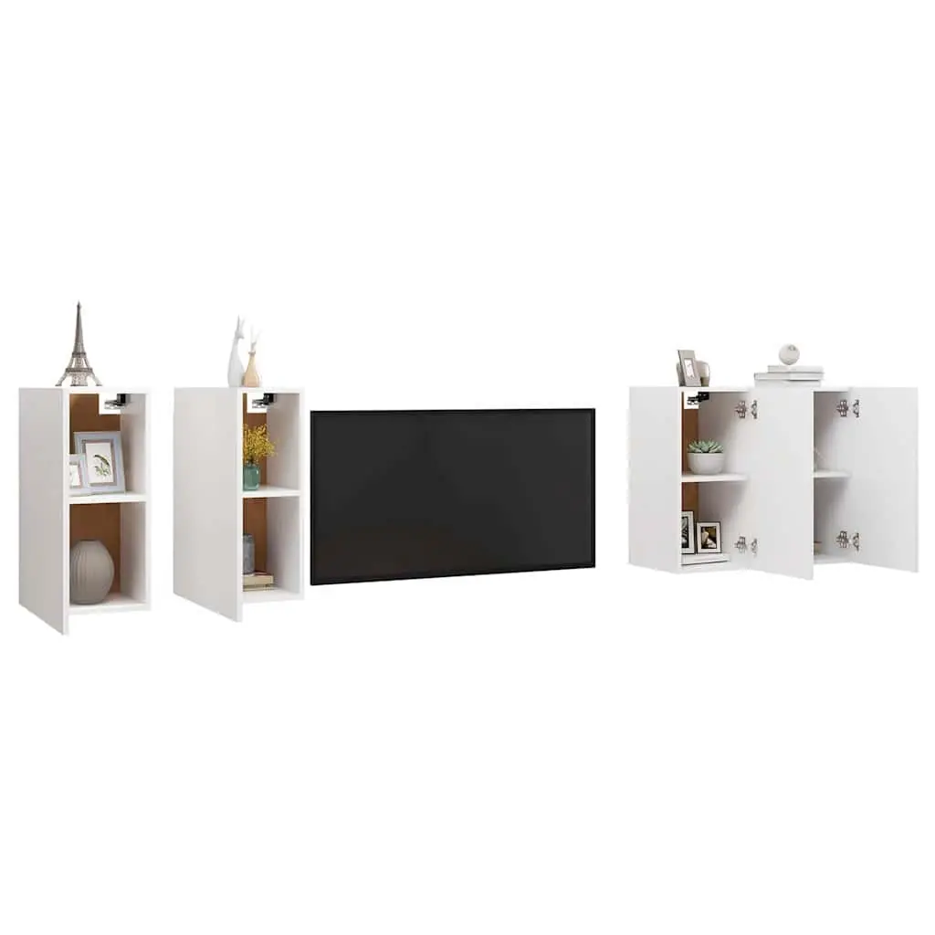 Wall Mounted TV Cabinet Set 4 Pieces White Engineered Wood Shelving Storage Living Room Unit