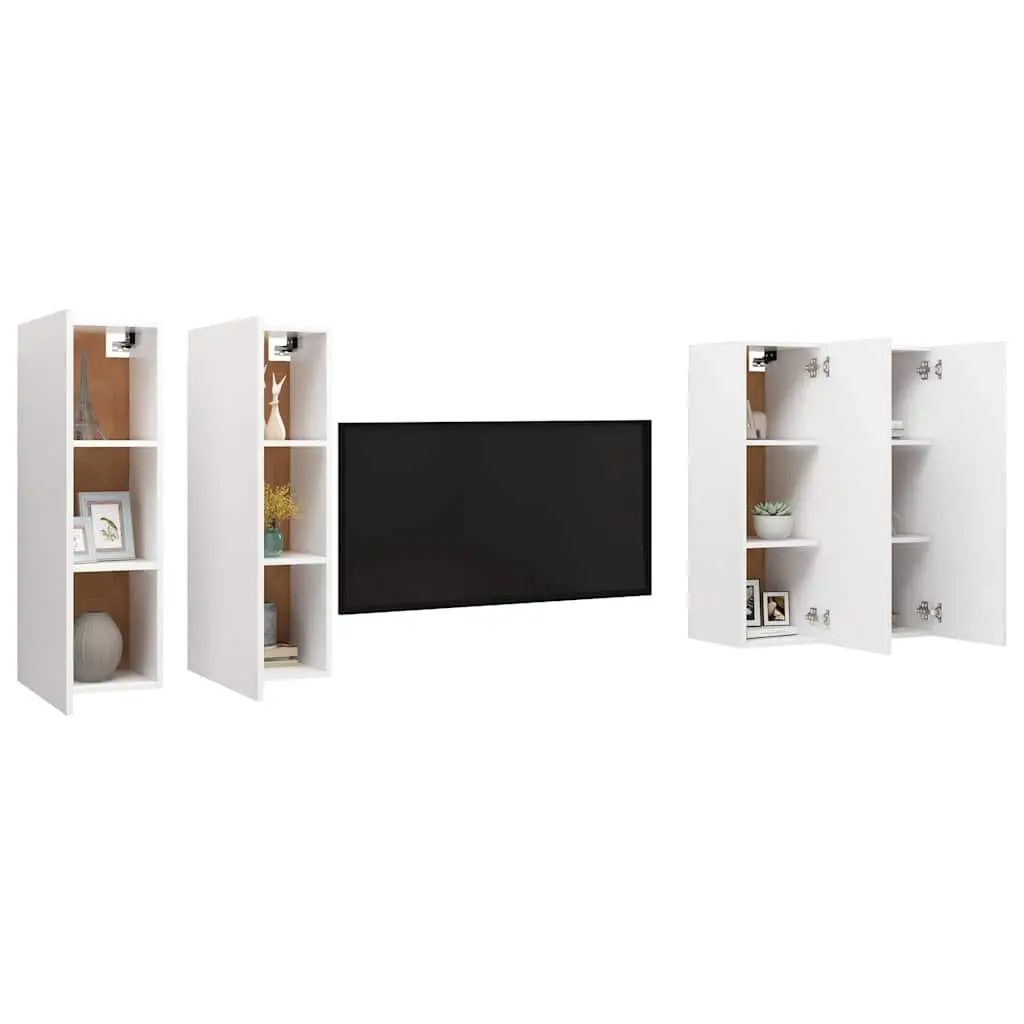 Wall-Mounted TV Cabinet Set 4 Piece White Engineered Wood Living Room Storage Shelves Unit
