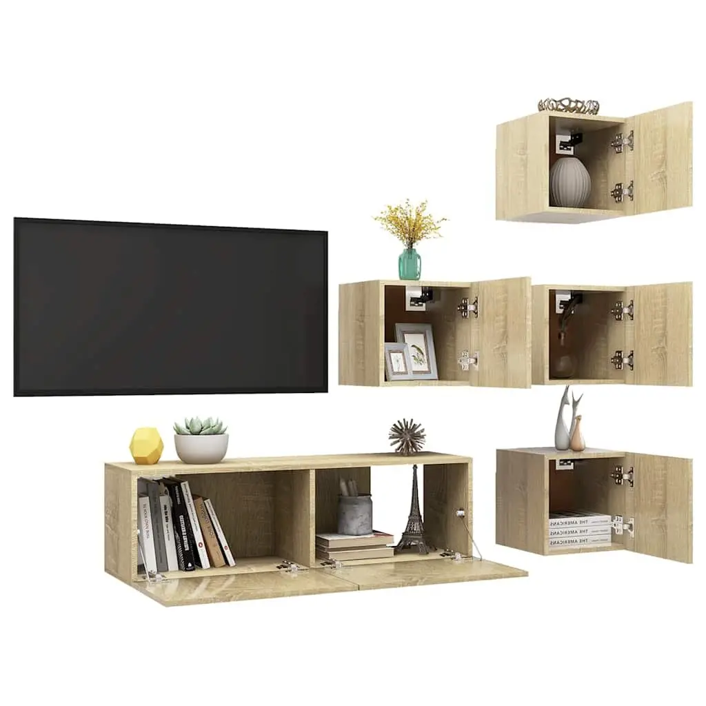 5 Piece Wall Mounted TV Cabinet Set in Brown