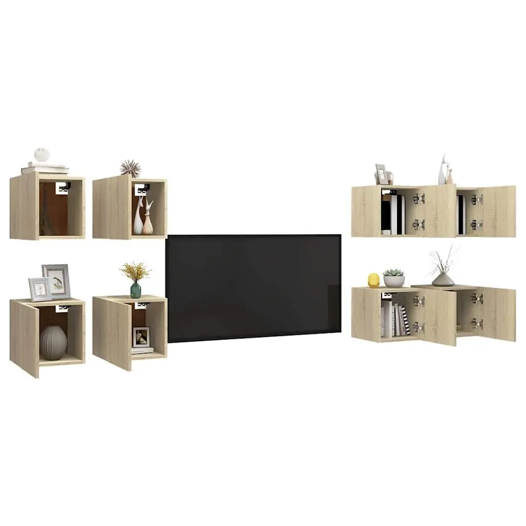 Wall Mounted TV Cabinet Set Brown Storage Shelving Unit 8 Pieces