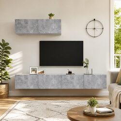 Elegant Grey Wall Mounted TV Cabinet Set