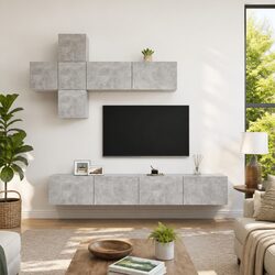7 Piece Grey Wall-Mounted TV Cabinet Set for Living Rooms