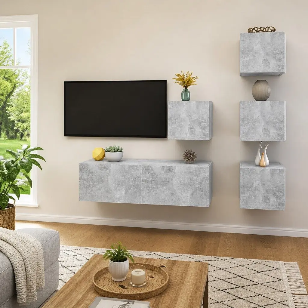 TV Cabinet Set Grey 5 Piece Wall Mounted Modern Engineered Wood