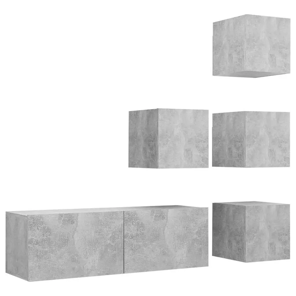 TV Cabinet Set Grey 5 Piece Wall Mounted Modern Engineered Wood