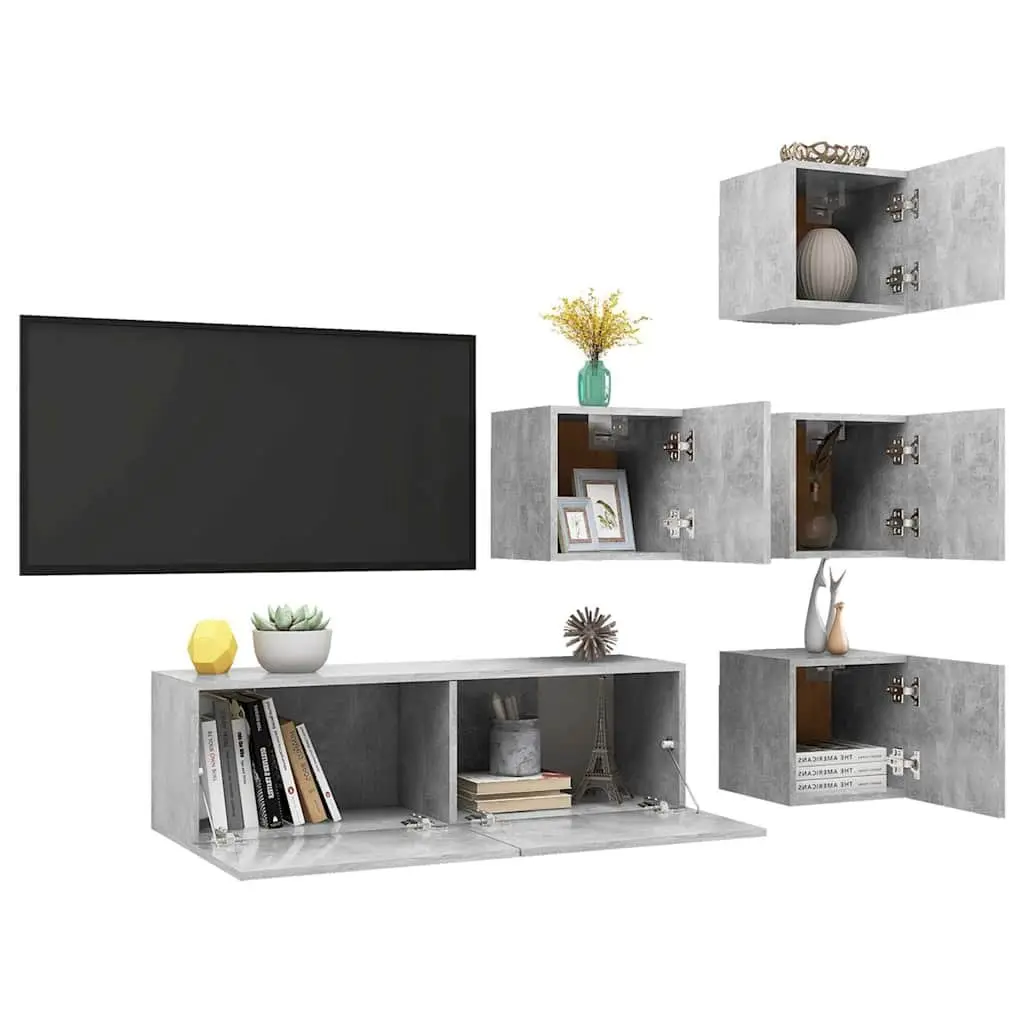 TV Cabinet Set Grey 5 Piece Wall Mounted Modern Engineered Wood