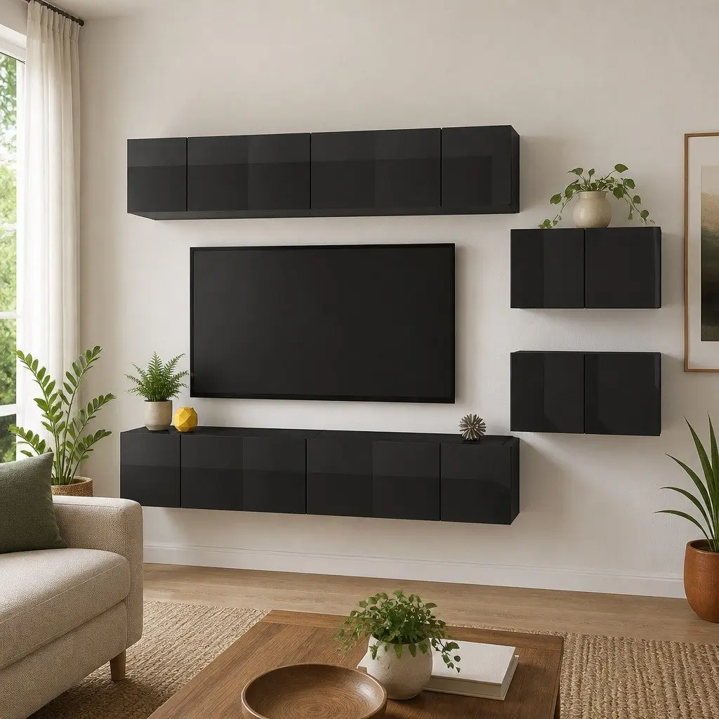 TV Cabinet Set 8 Piece Wall Mounted Grey Storage Unit Living Room Furniture
